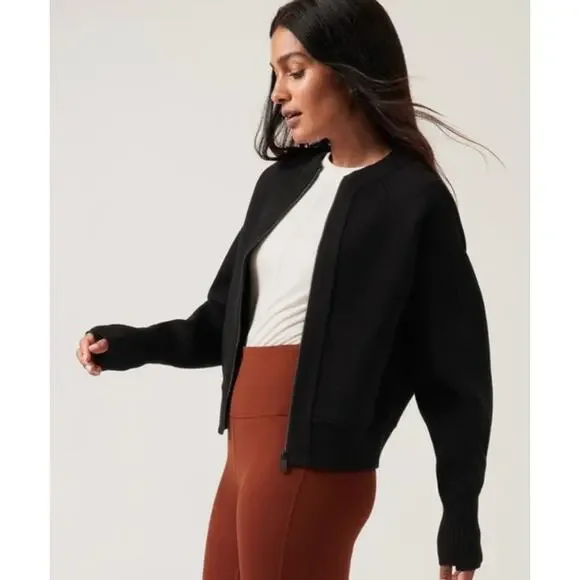 NEW Athleta Sequoia Zip Up Sweater Cardigan Bomber Long Sleeve Black Medium - Picture 3 of 13